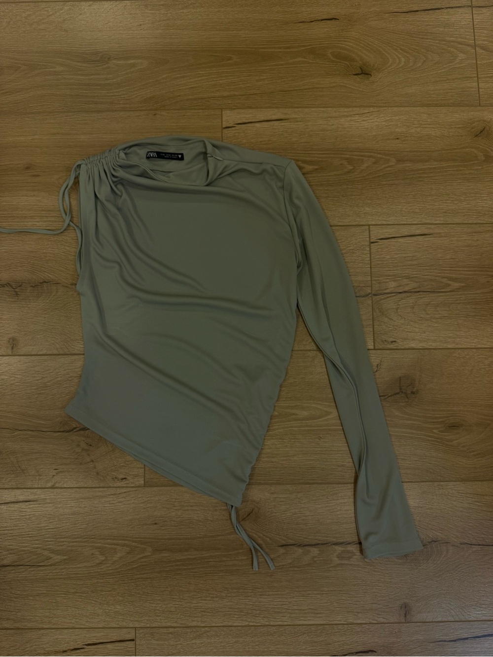 Zara Sage Green One-Shoulder Long Sleeve Top with Side Ties